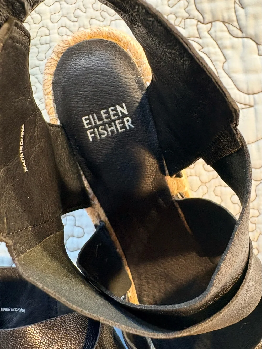 ☀️Eileen Fisher Willow Black Leather Espadrille Wedge Sandals Sz 7.5🧡